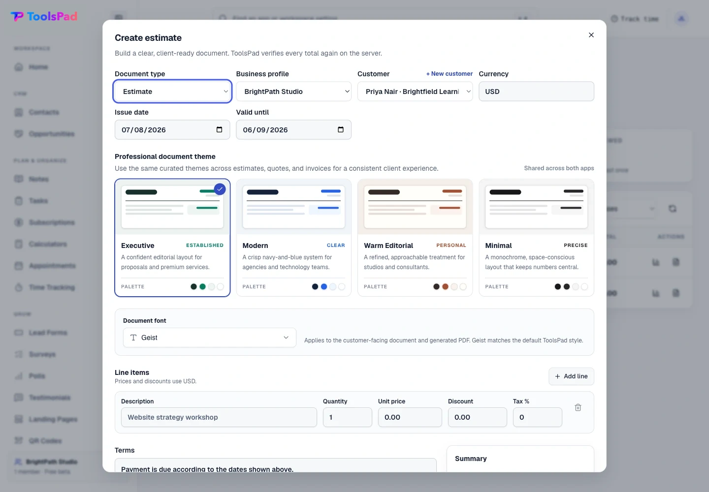 Estimates & Quotes product interface showing build a client-ready estimate in one editor
