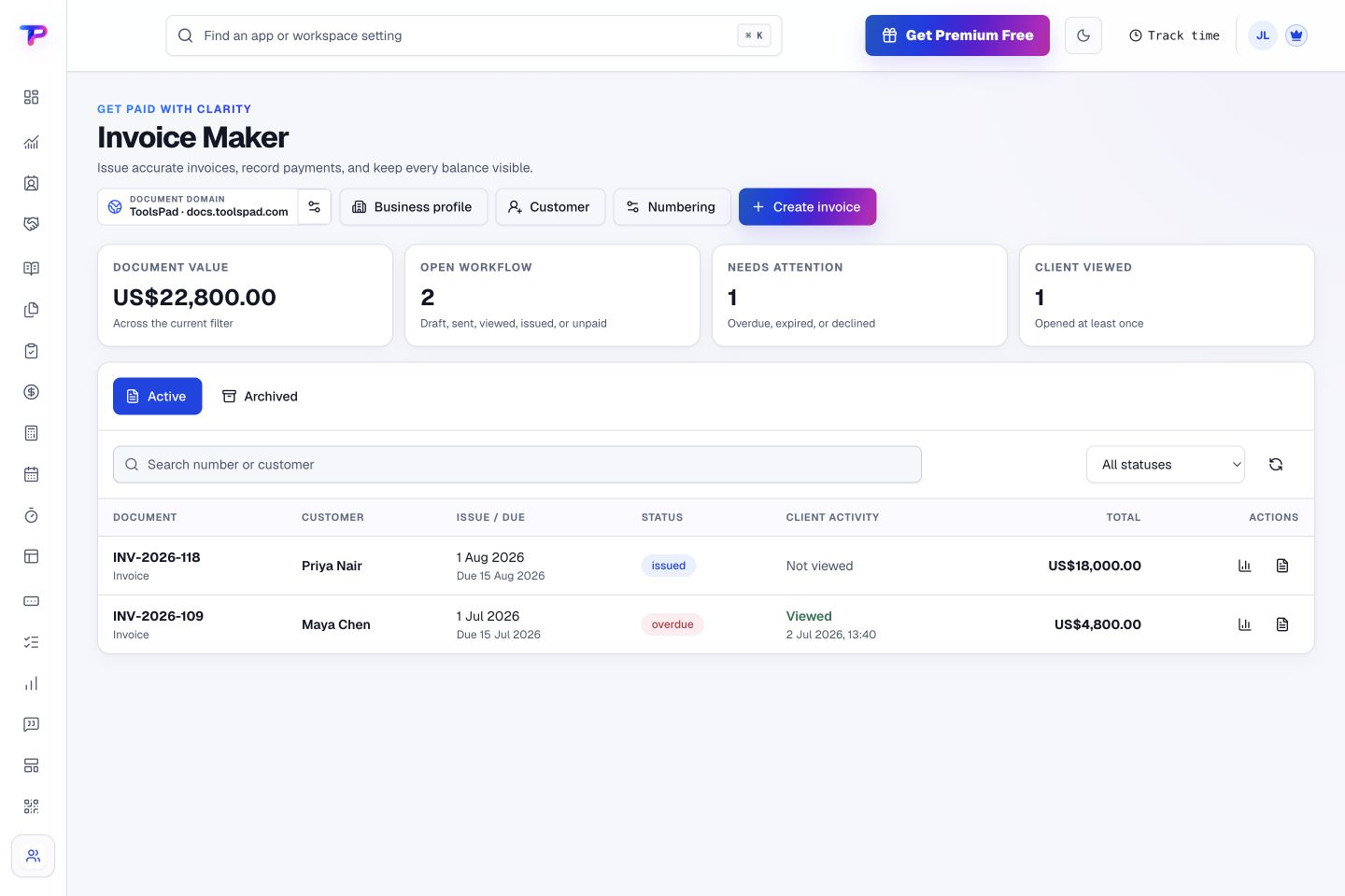 Invoice Maker product interface showing keep issued invoices and overdue work visible