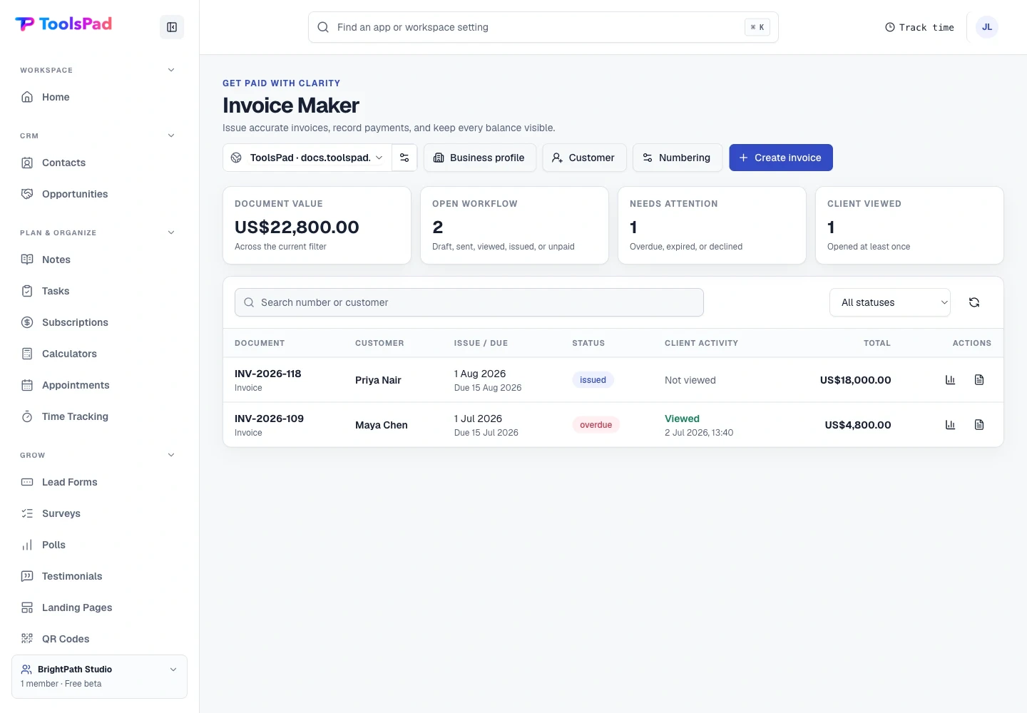 Invoice Maker product interface showing professional billing without accounting software