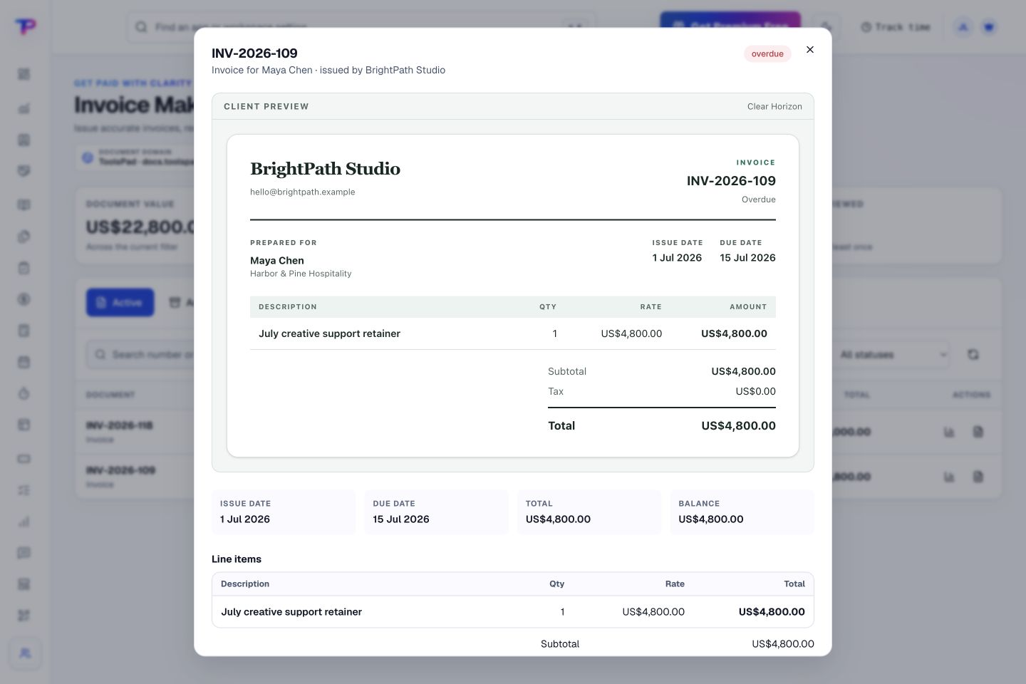 Invoice Maker product interface showing make the amount due easy to understand