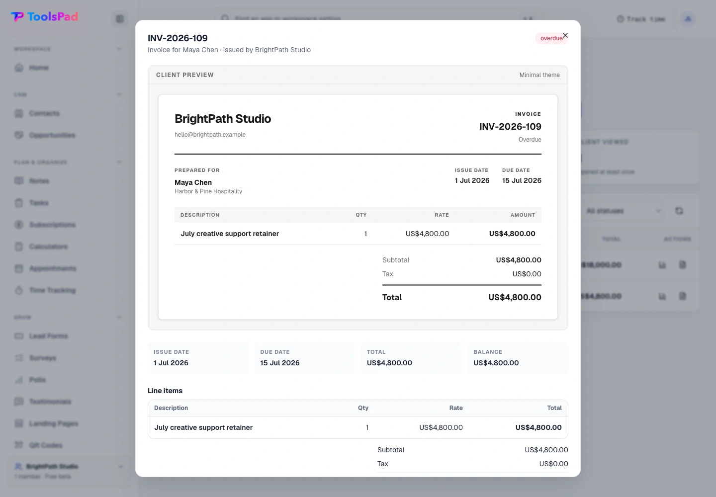 Invoice Maker product interface showing see the balance exactly as the client will
