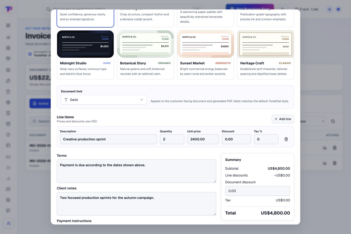 Invoice Maker product interface showing turn completed work into a clear invoice