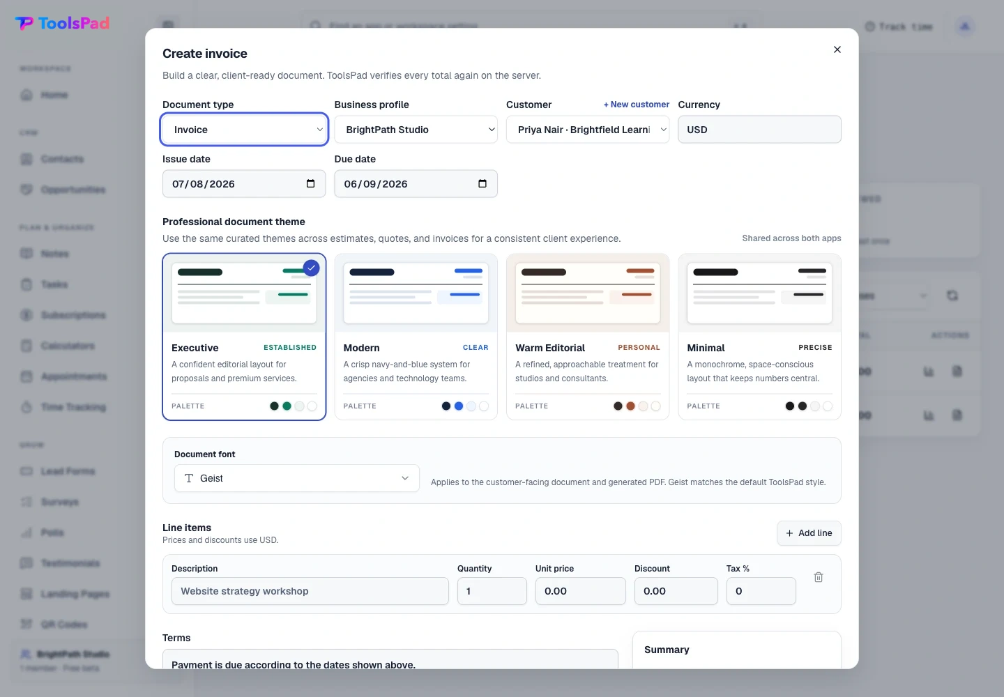 Invoice Maker product interface showing create the invoice without duplicate entry