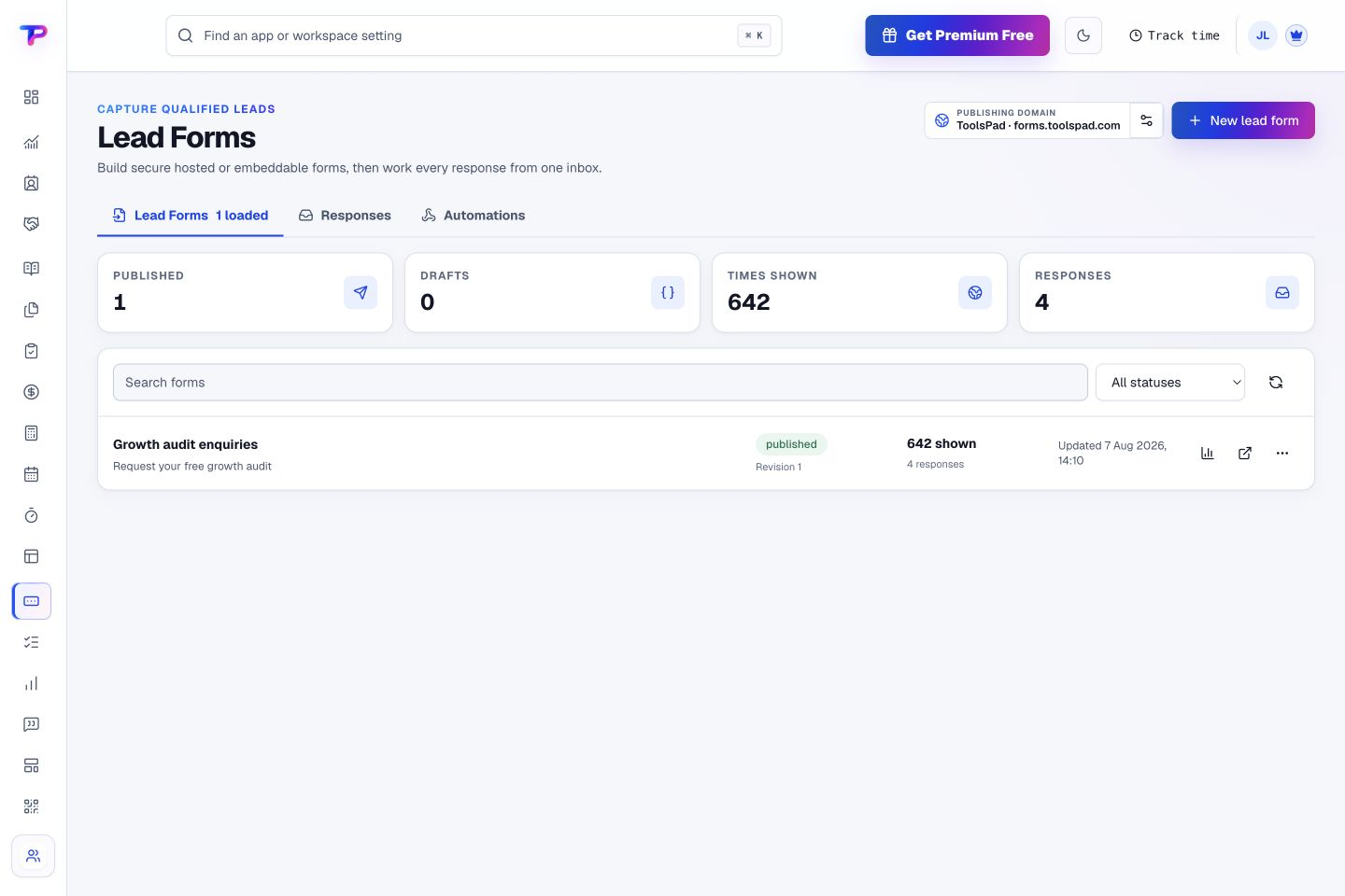 Lead Forms product interface showing see the forms that bring people to you