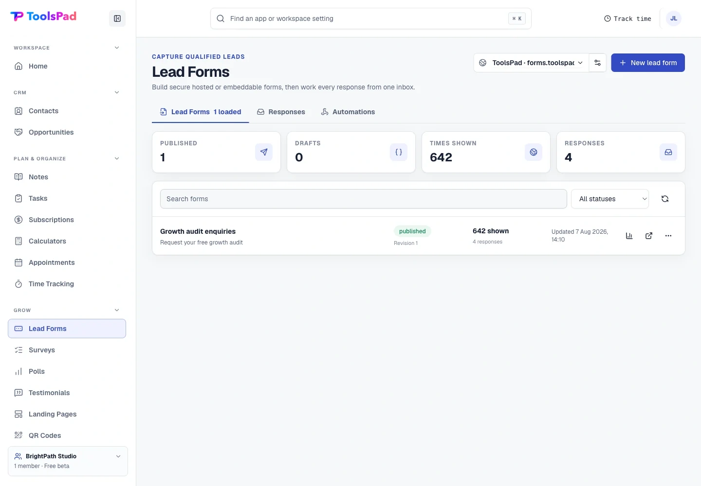 Lead Forms product interface showing one published form, its reach, and every response