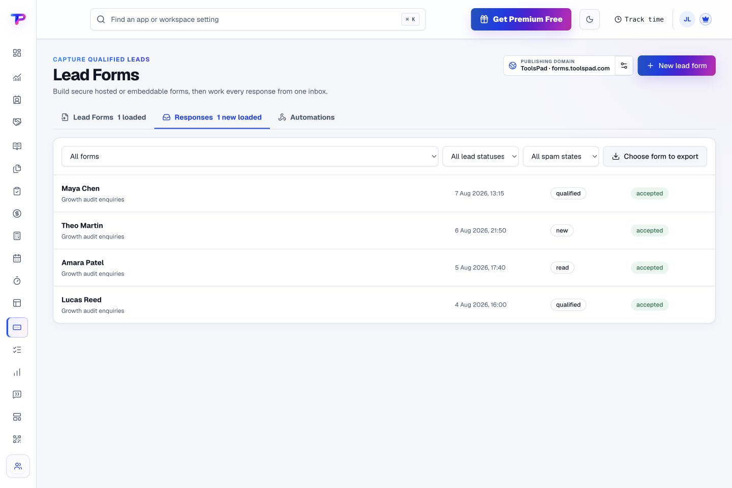Lead Forms product interface showing give every enquiry a place to be handled