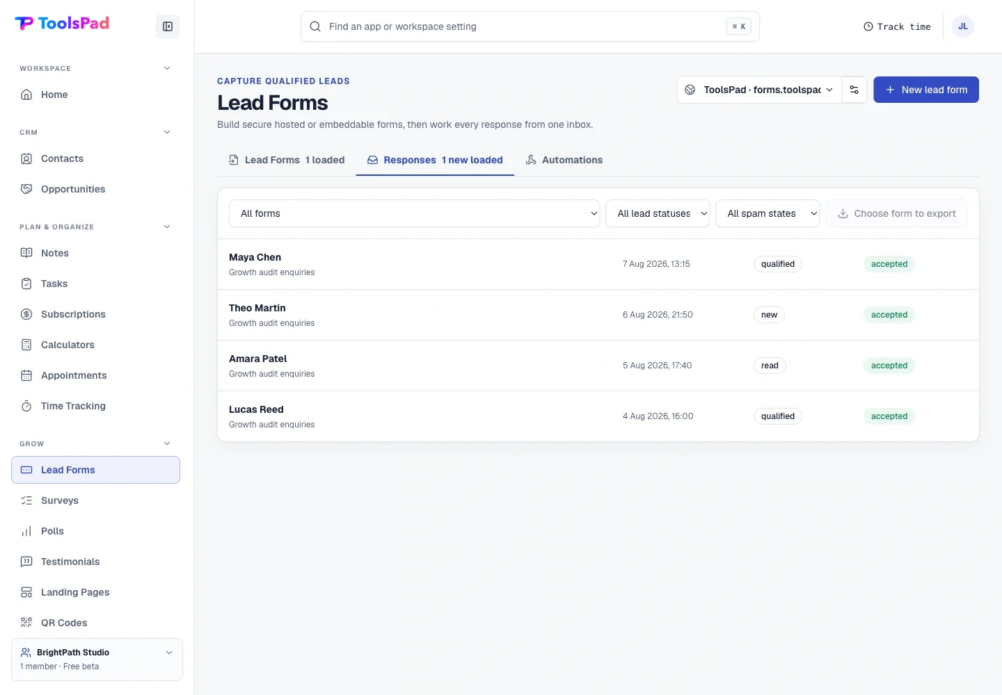 Lead Forms product interface showing every response reaches one working inbox