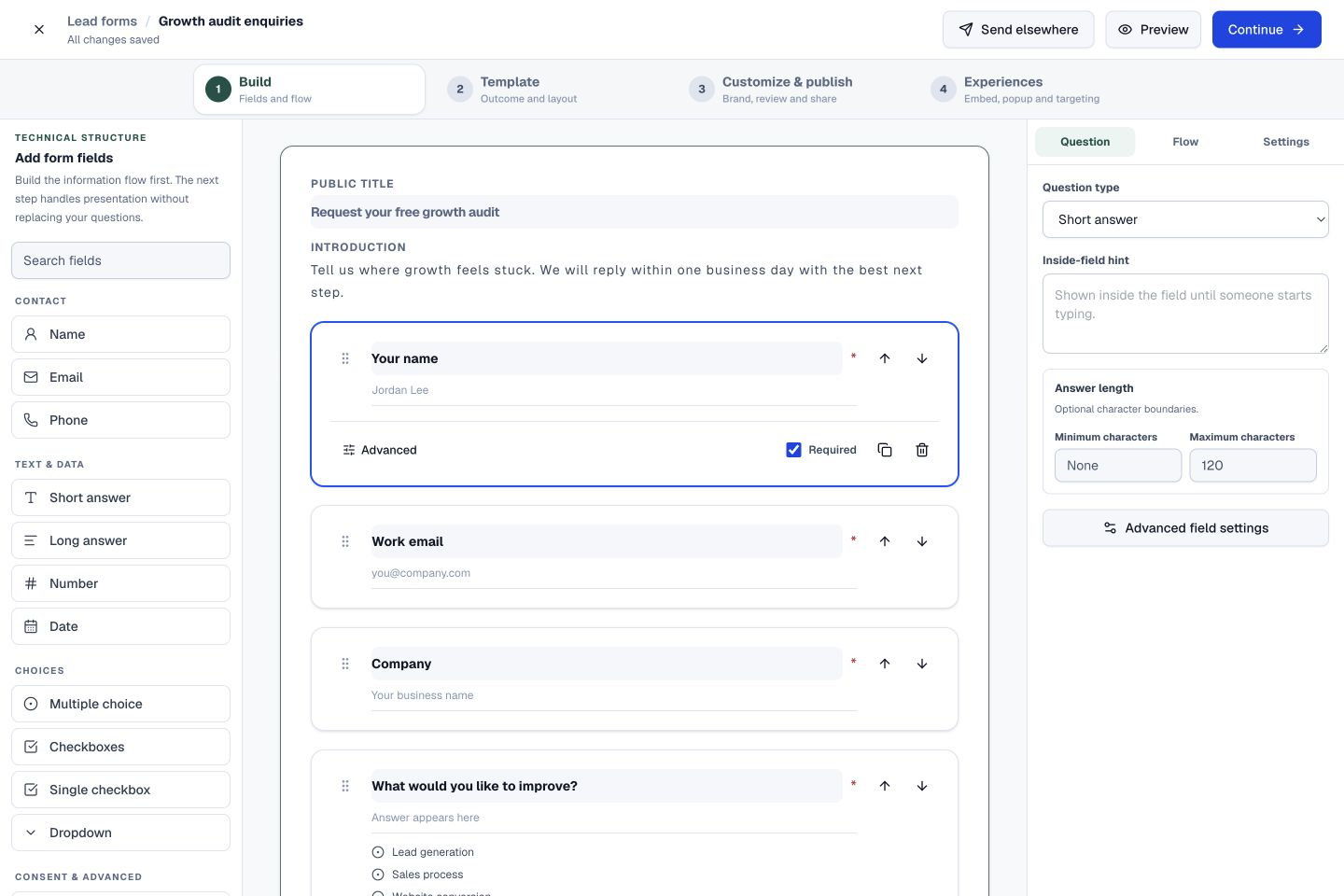 Lead Forms product interface showing ask for the information that moves work forward