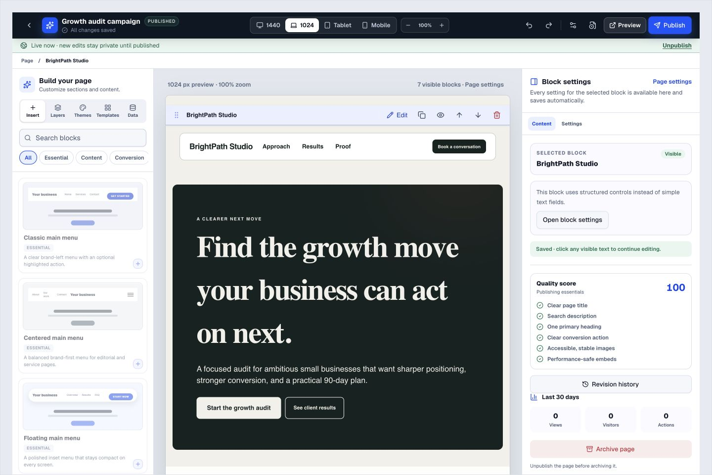 Landing Pages product interface showing bring your offer to life on a visual canvas