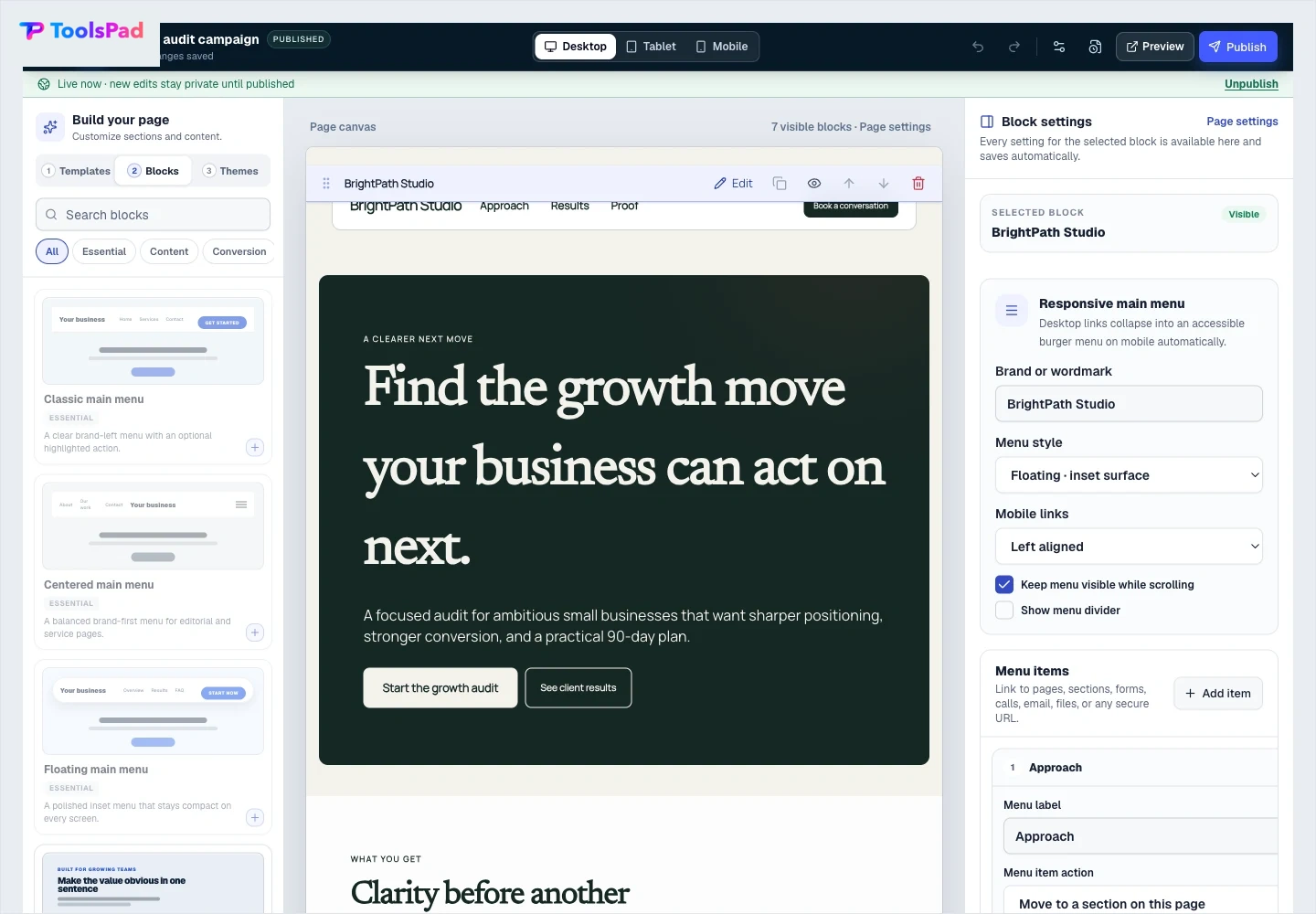 Landing Pages product interface showing a visual landing-page canvas