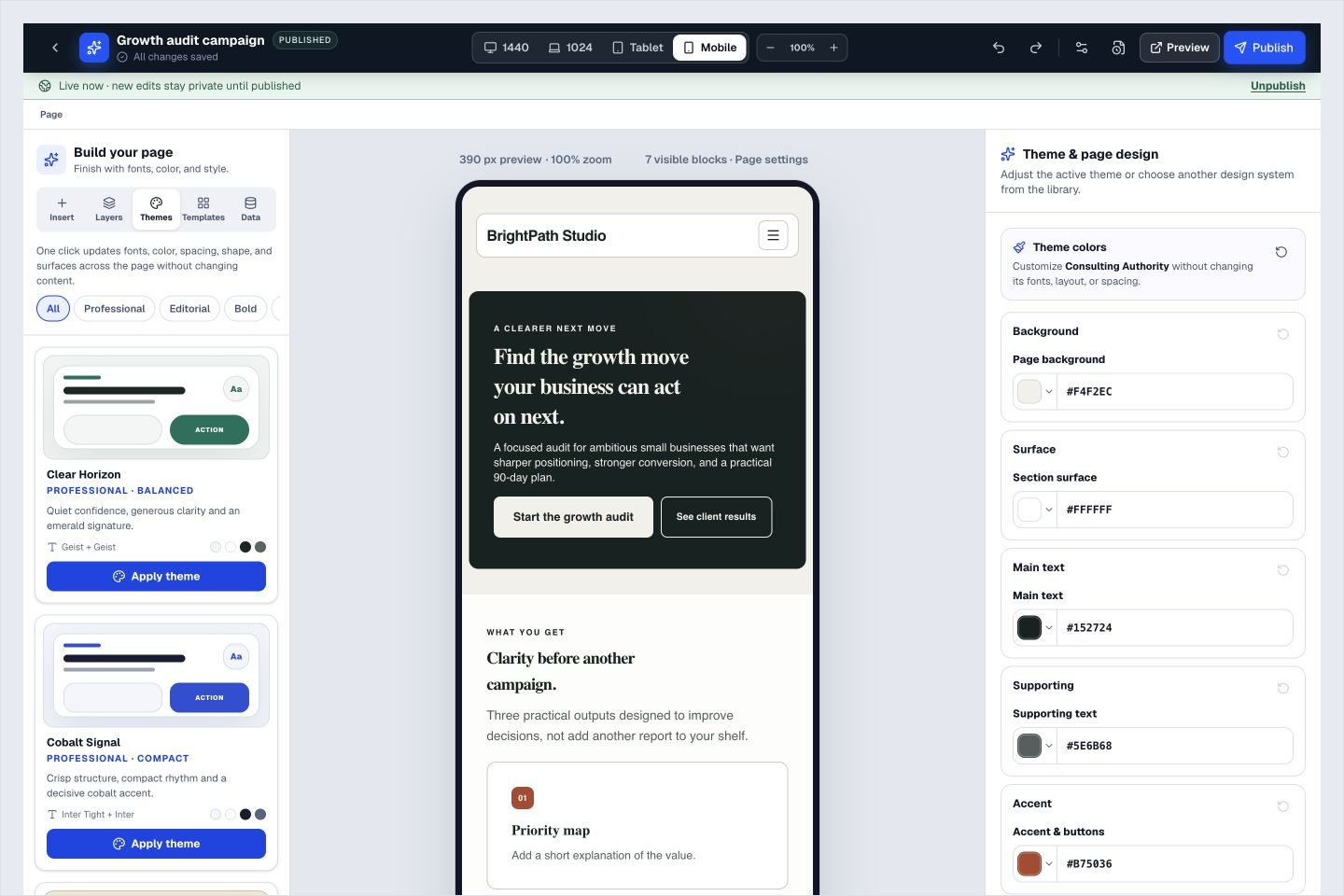 Landing Pages product interface showing make the first impression work on mobile