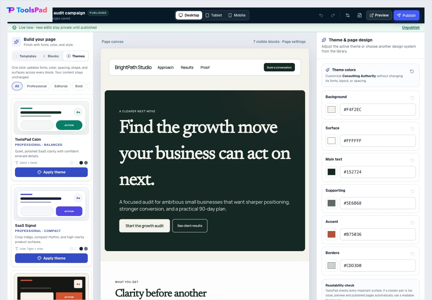 Landing Pages product interface showing change the entire design system in one place