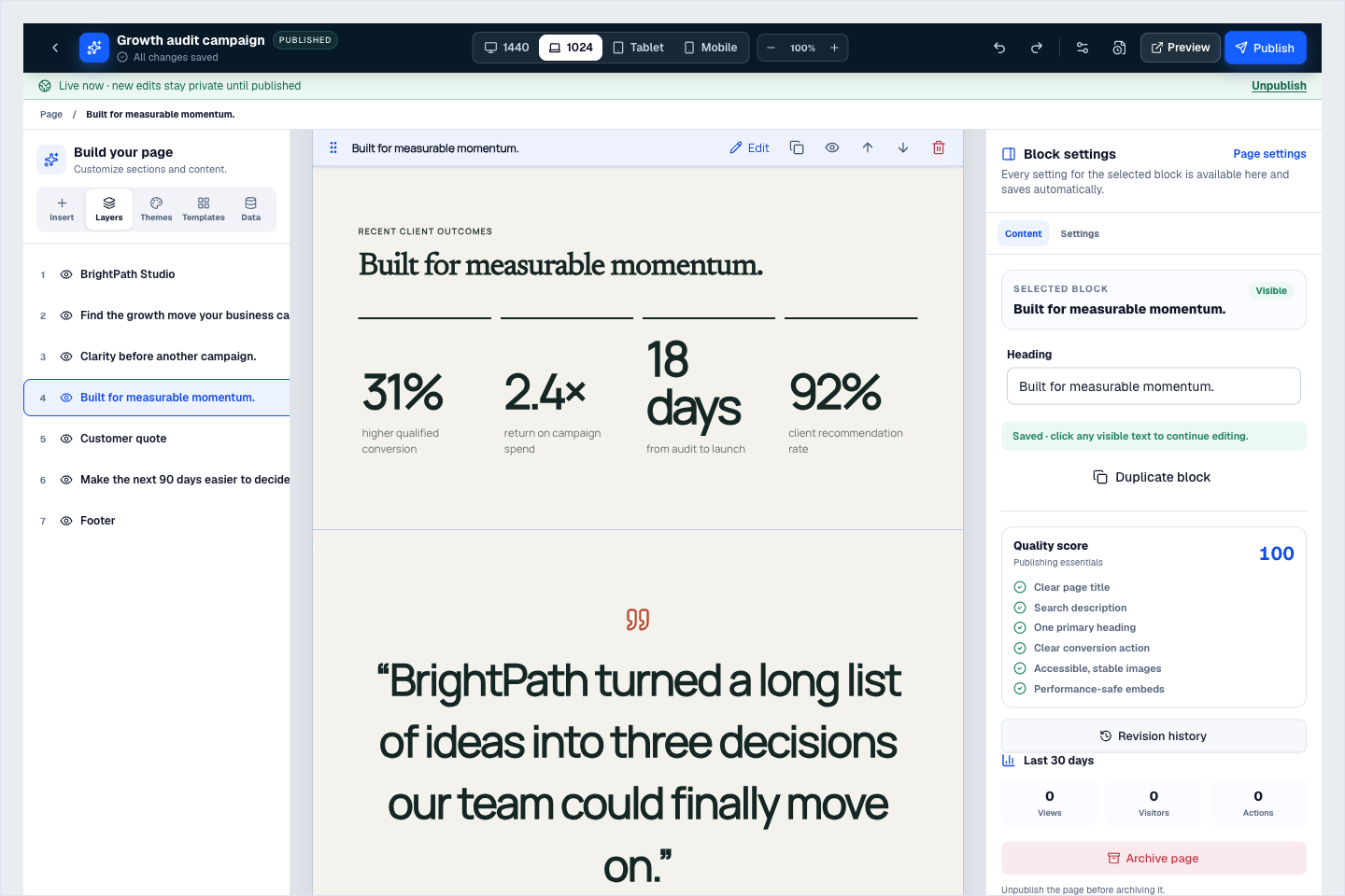 Landing Pages product interface showing shape the page section by section
