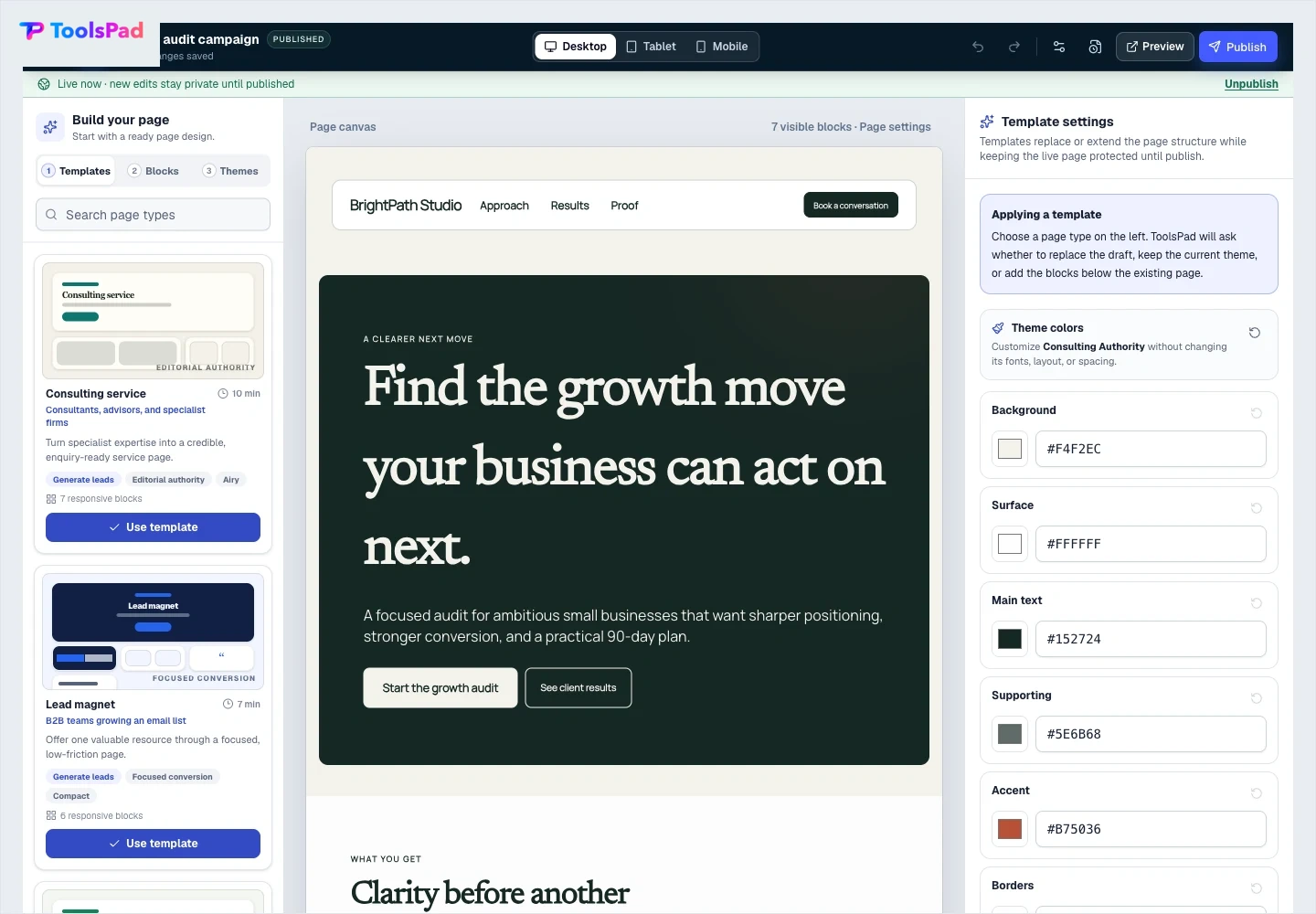 Landing Pages product interface showing start with a complete business page