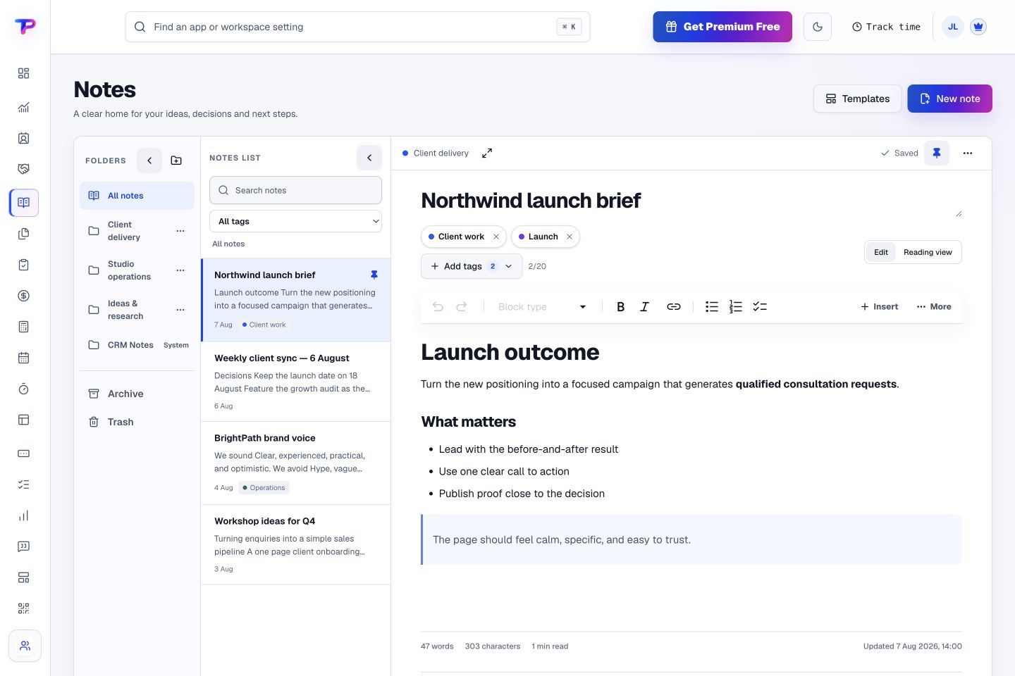 Notes product interface showing find the thinking behind the work