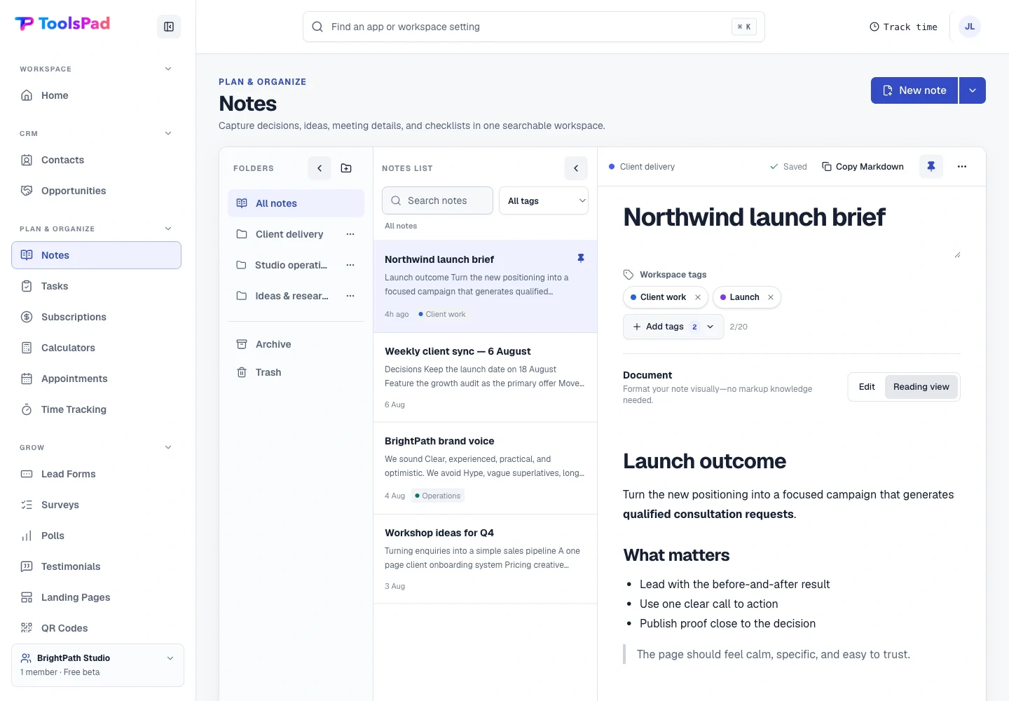 Notes product interface showing a useful knowledge workspace