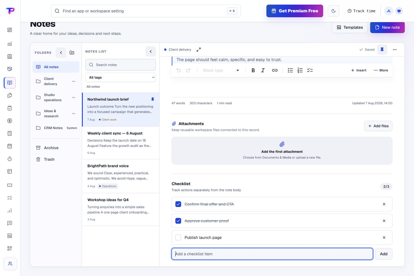 Notes product interface showing turn a useful note into a clear next step