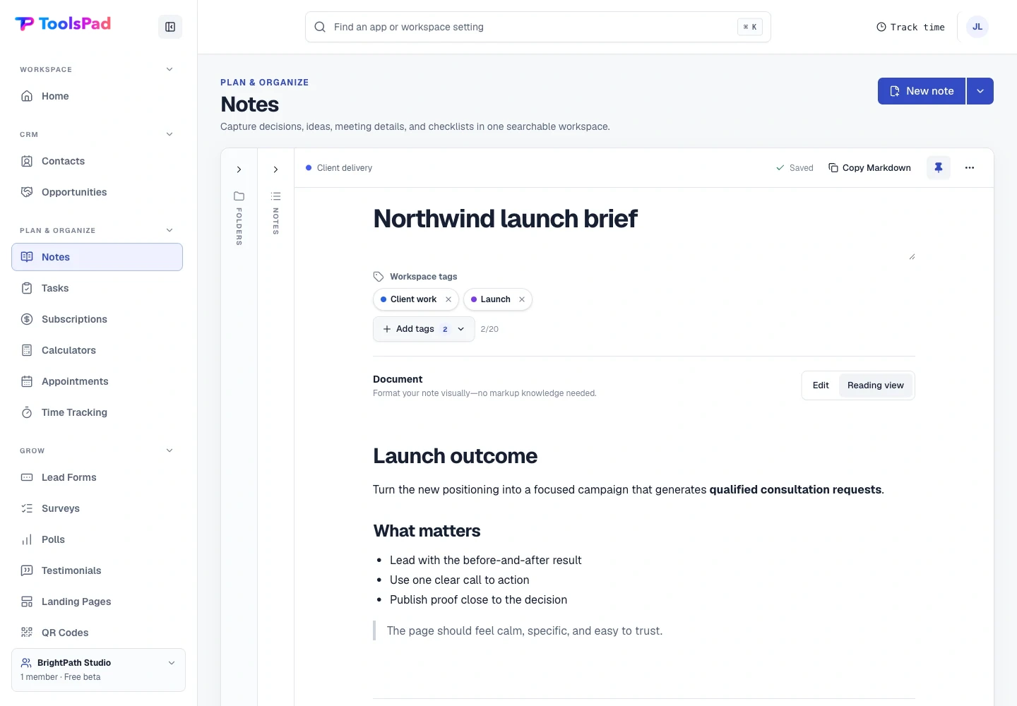 Notes product interface showing turn knowledge into action
