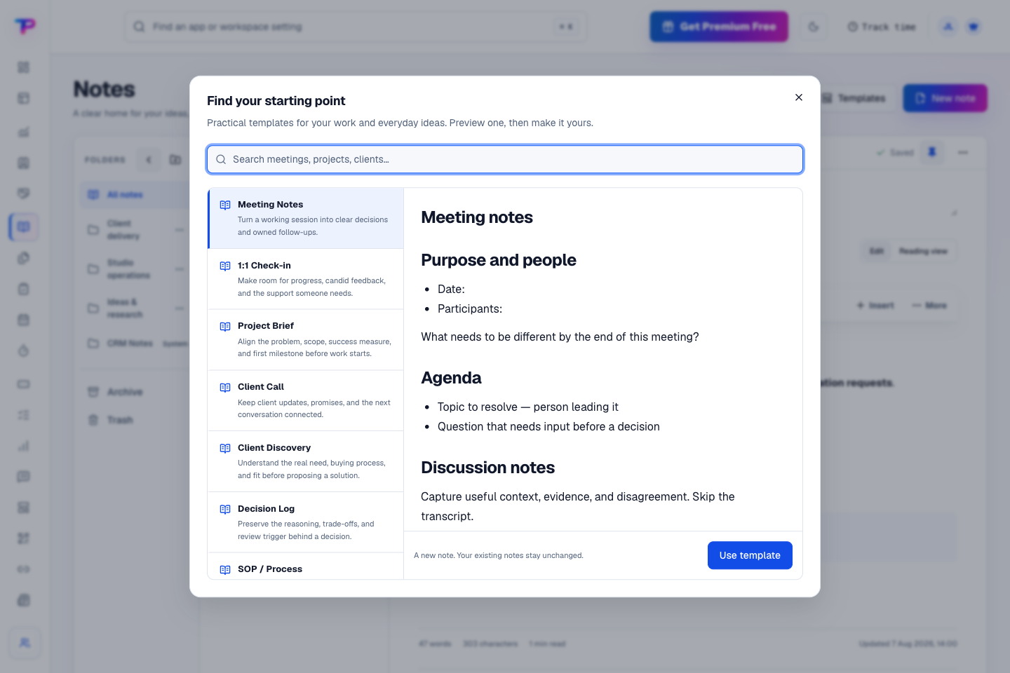 Notes product interface showing start with a structure that does the thinking with you