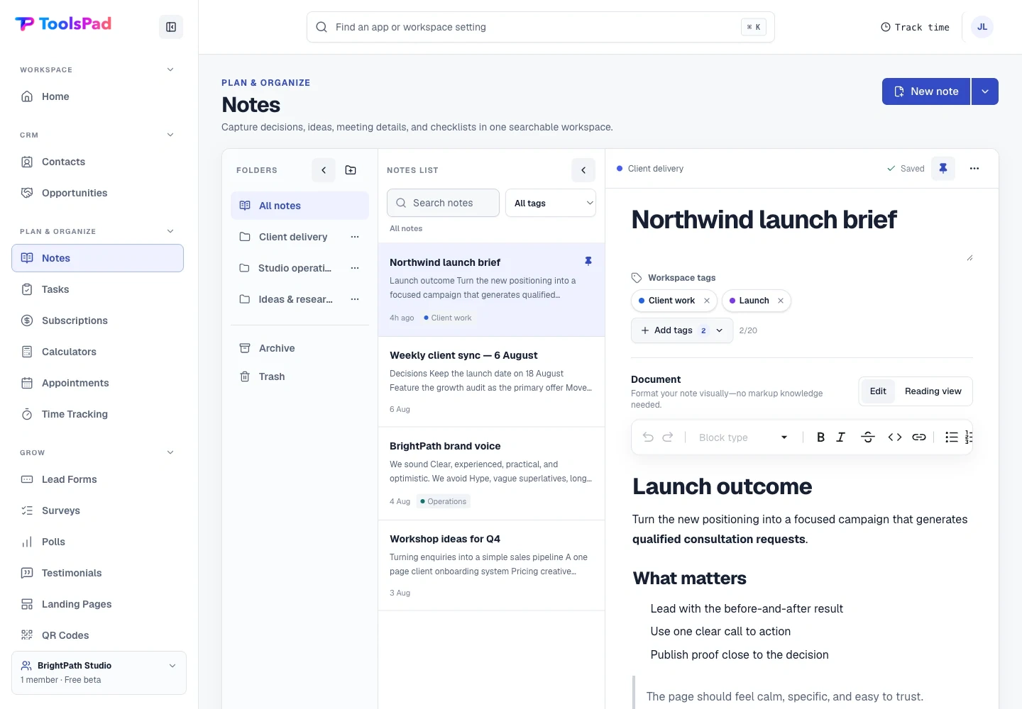 Notes product interface showing write without markup friction