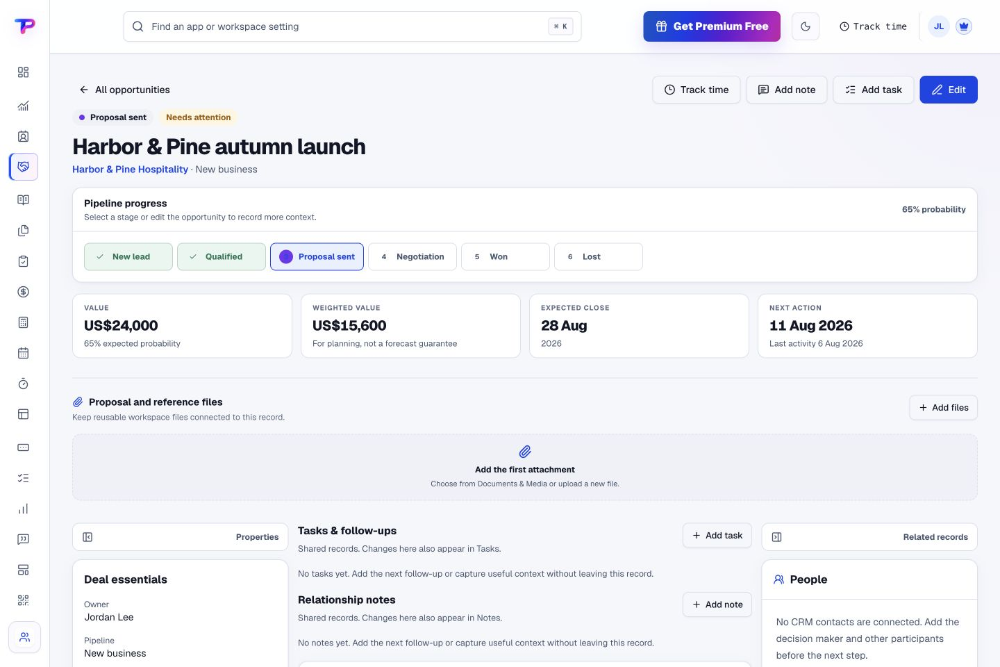 Opportunities product interface showing give each deal a clear next step