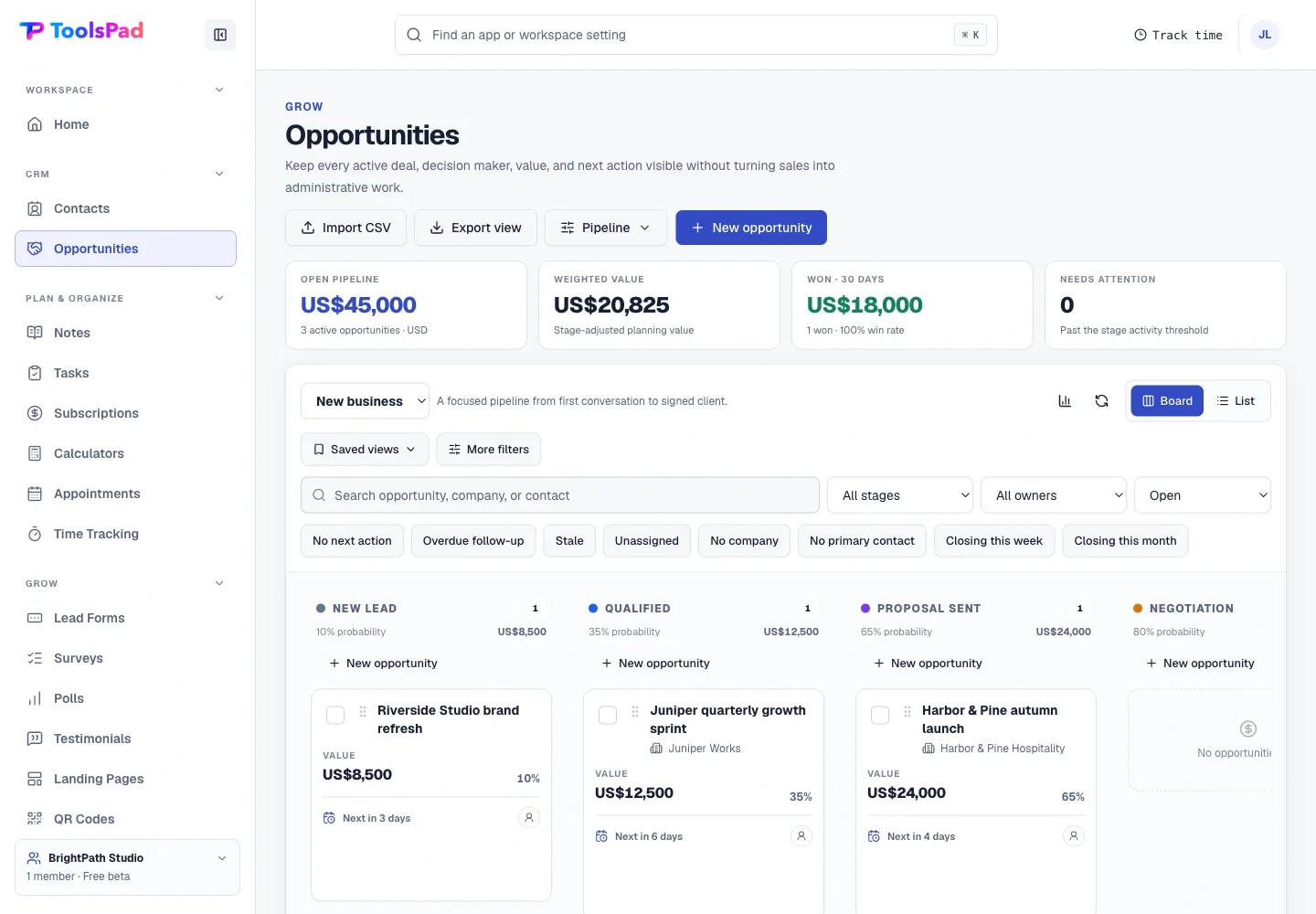 Opportunities product interface showing read the whole pipeline without opening every deal