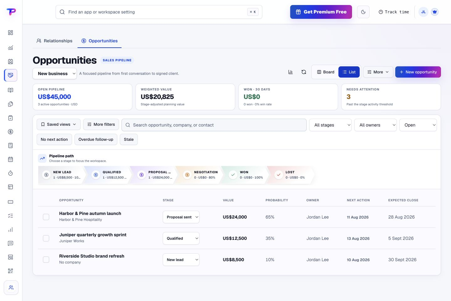 Opportunities product interface showing review the details behind your pipeline