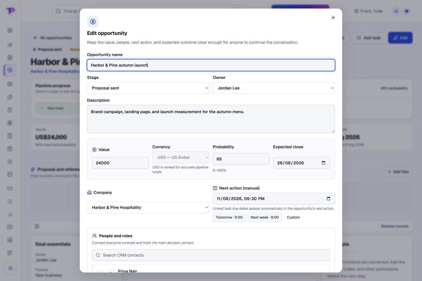 Opportunities product interface showing keep a good opportunity moving