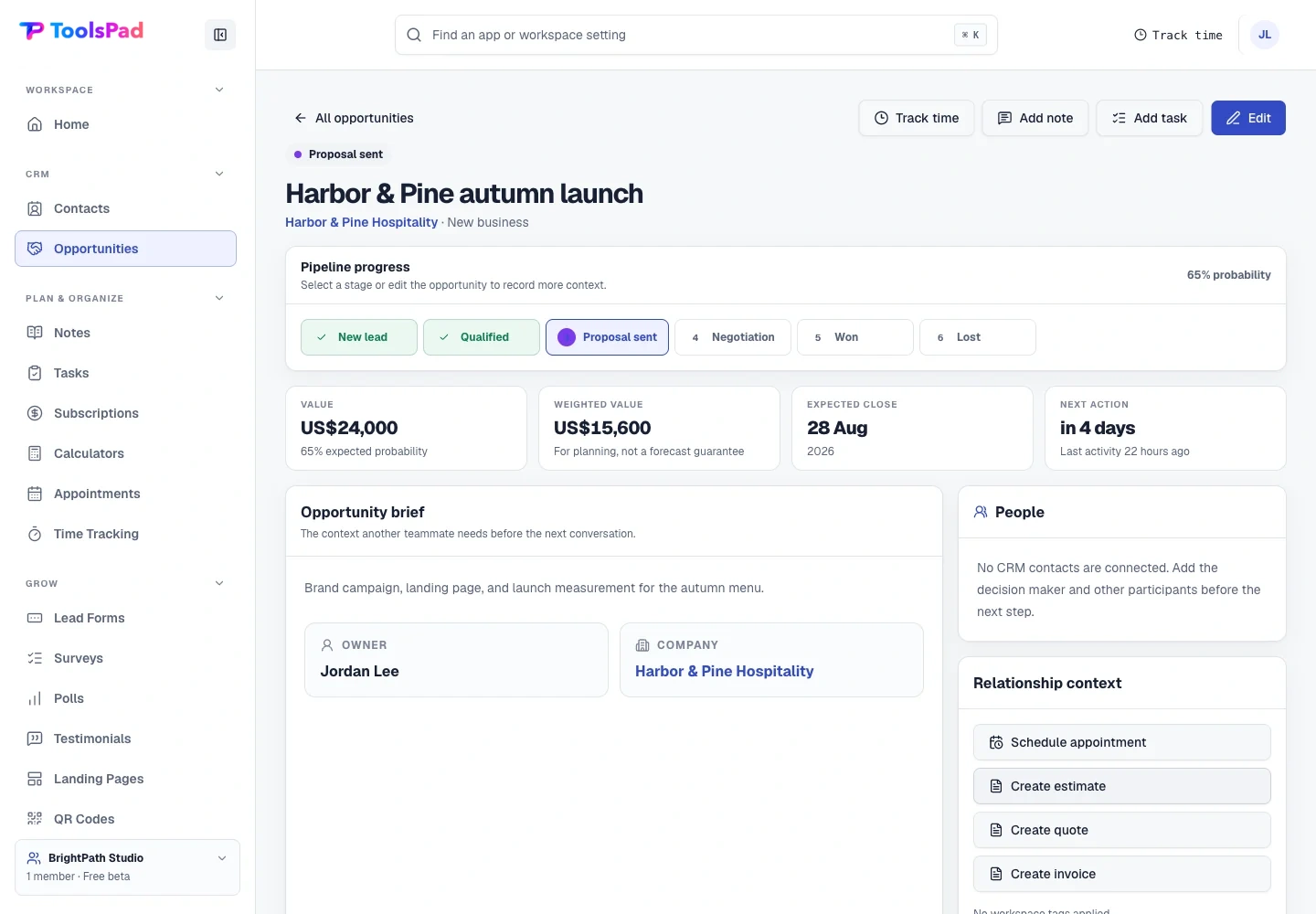Opportunities product interface showing everything needed to move the deal