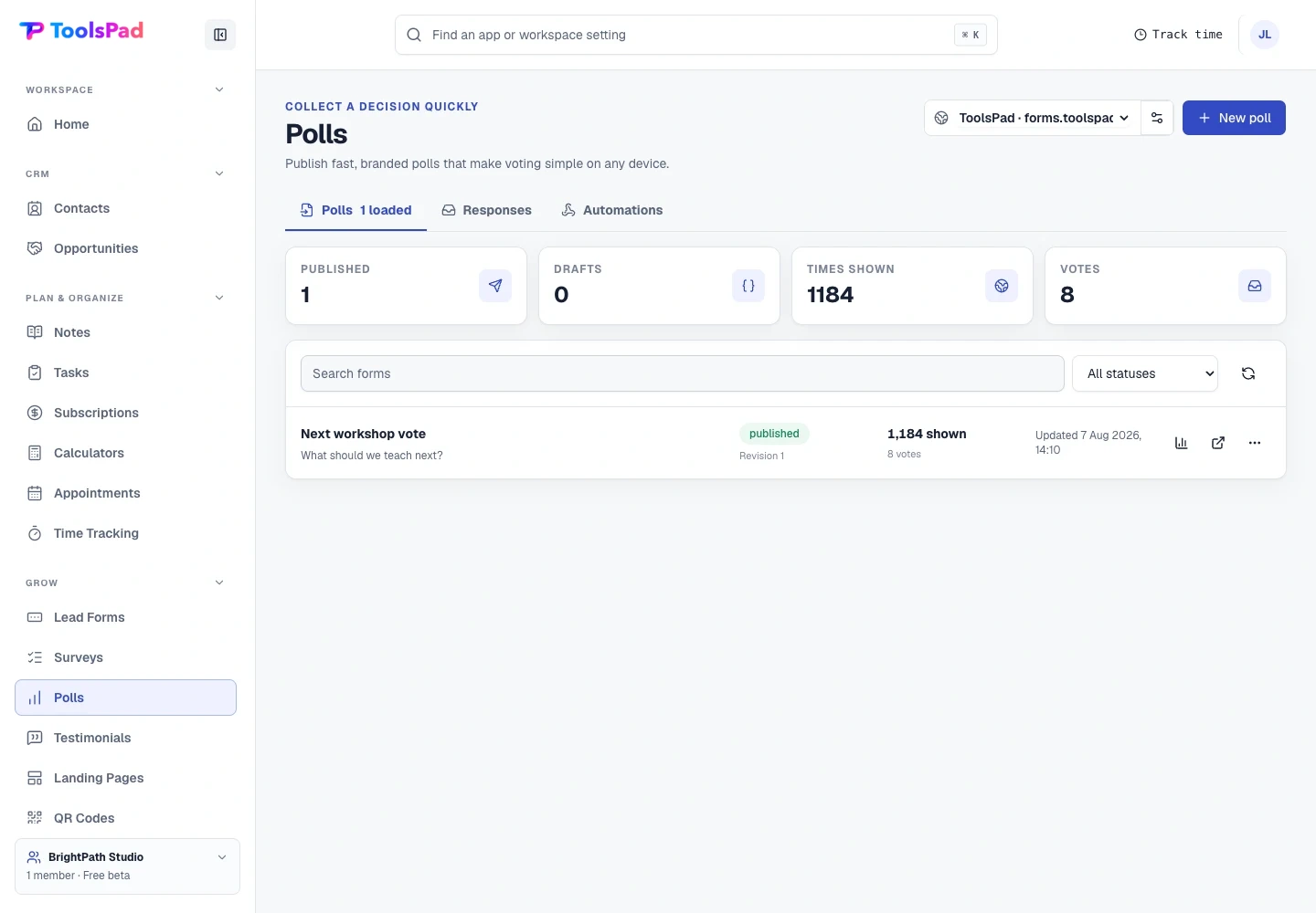 Polls product interface showing a live audience decision at a glance