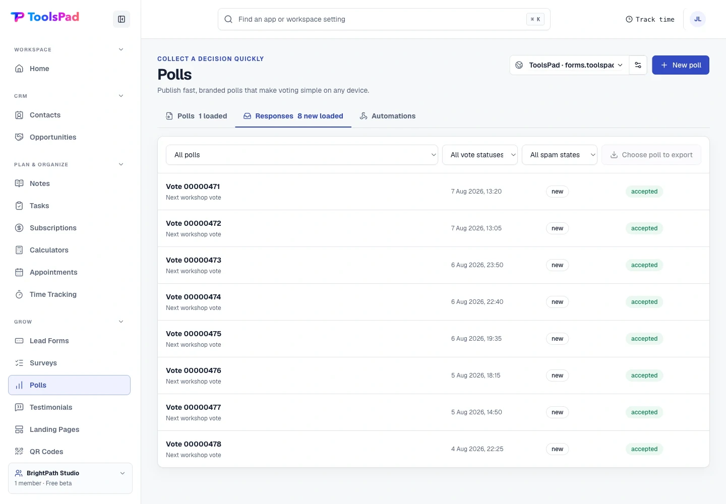 Polls product interface showing every vote remains auditable without clutter