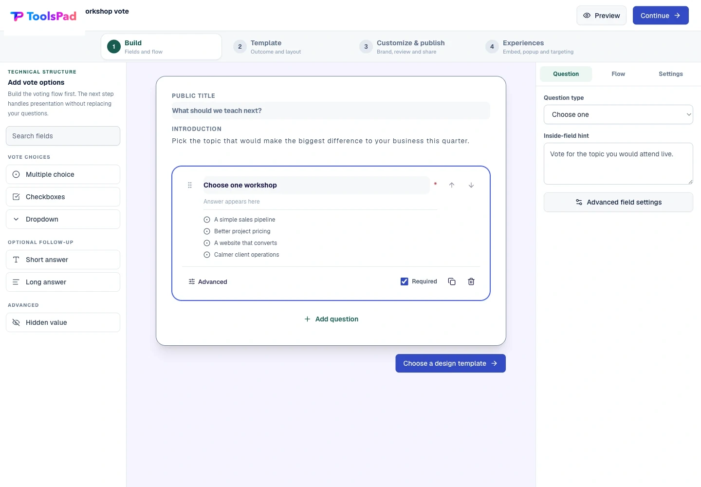 Polls product interface showing one decision, four clear choices