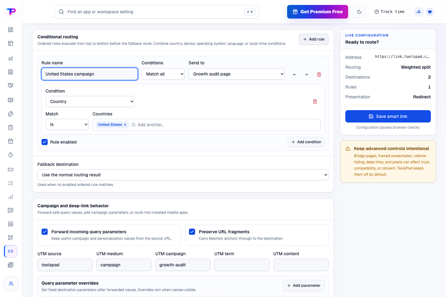 Smart Links product interface showing send each audience to the right offer
