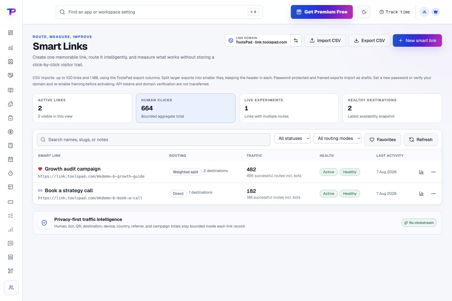 Smart Links product interface showing keep campaign links ready for the next click