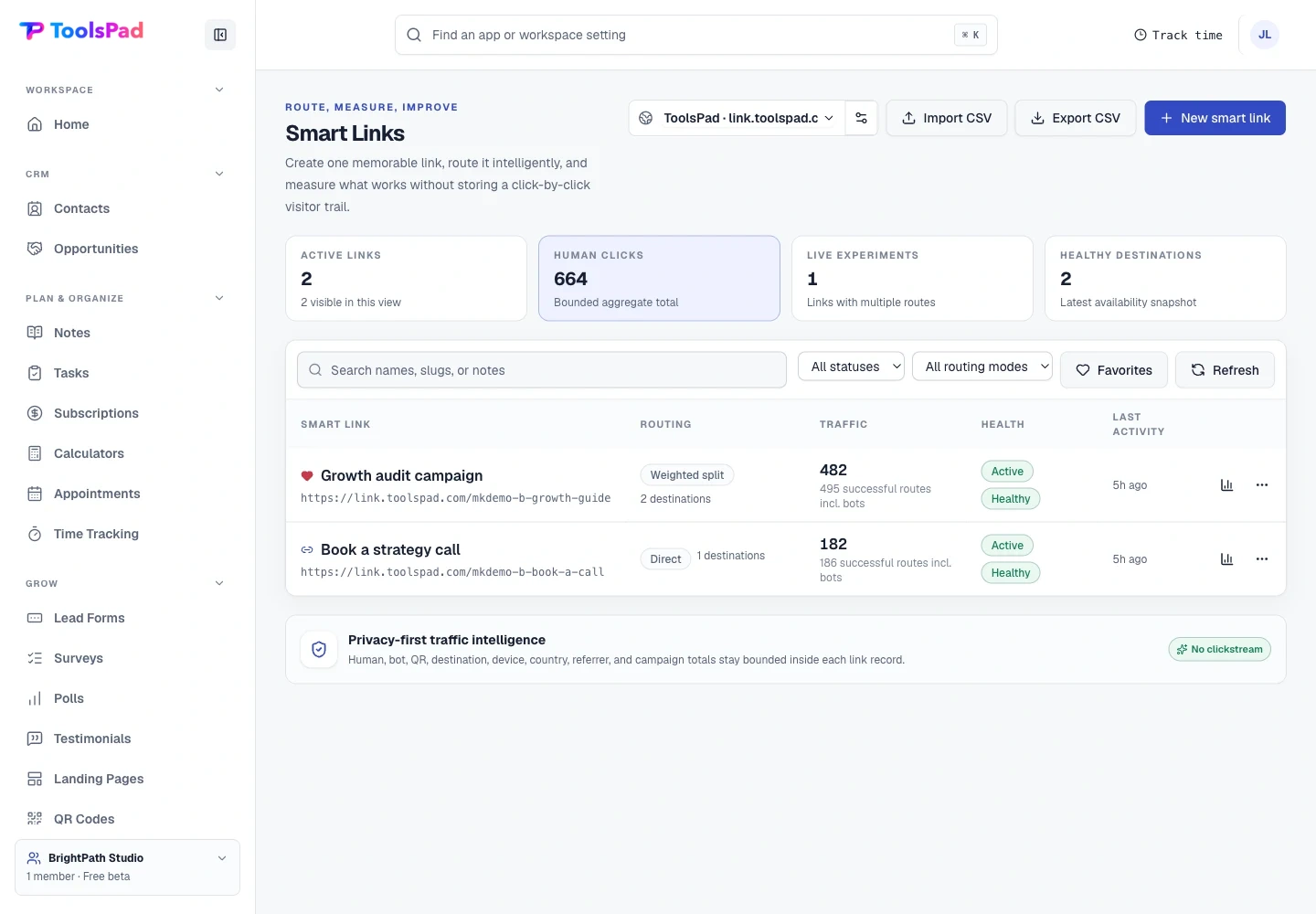Smart Links product interface showing every campaign link in one compact workspace