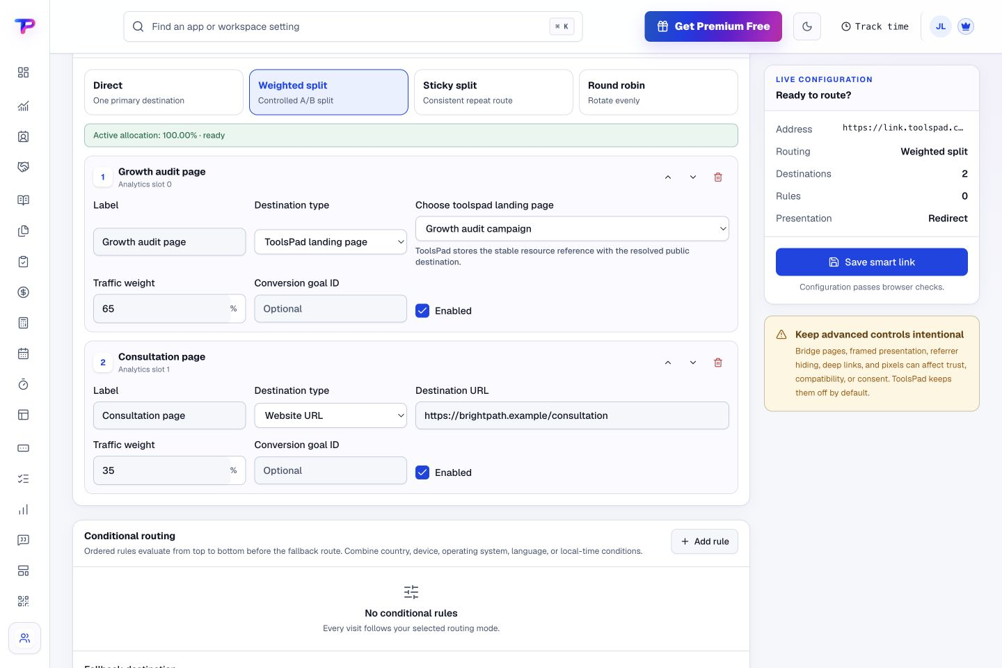 Smart Links product interface showing control how traffic reaches your destinations