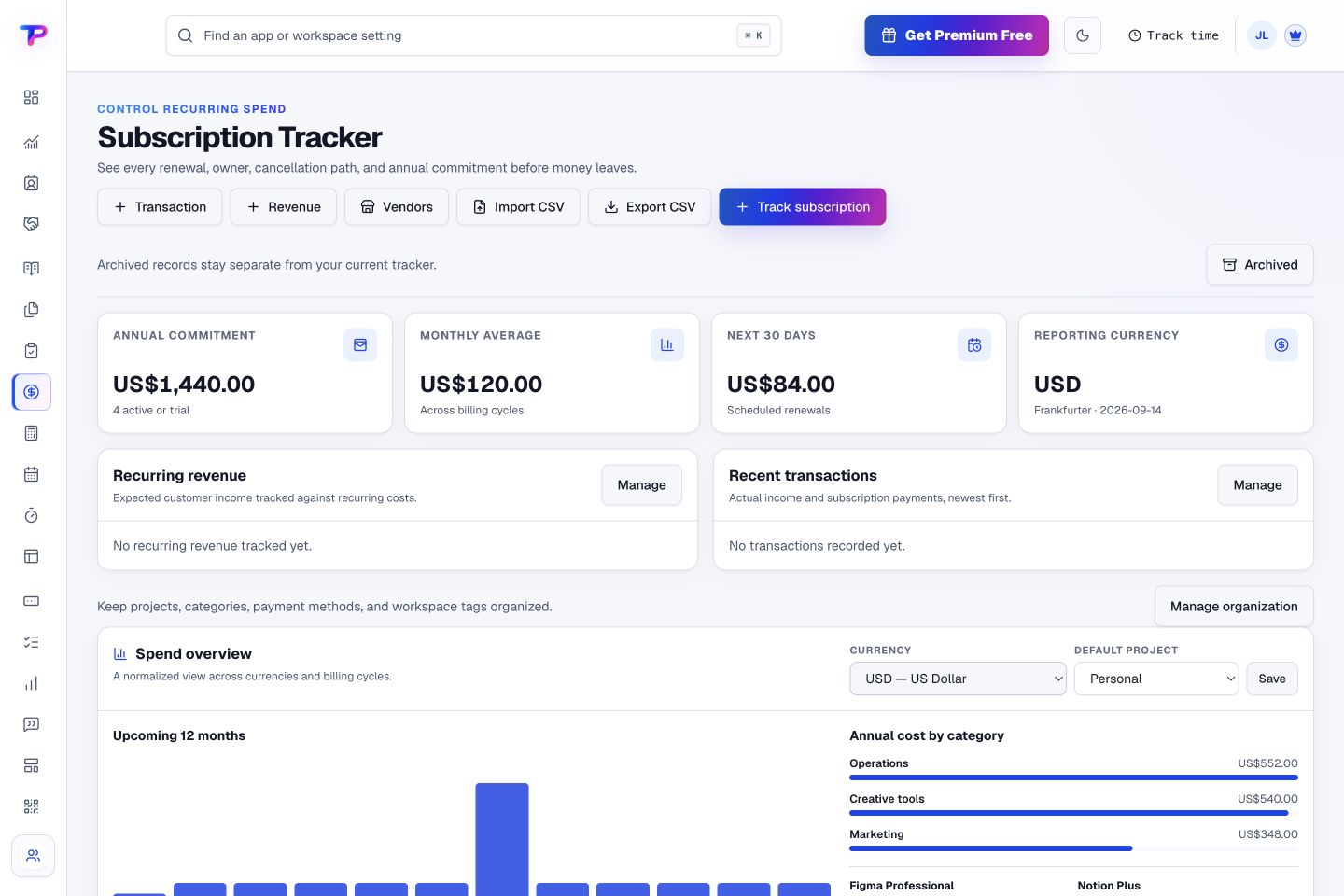 Subscription Tracker product interface showing see recurring commitments before they renew