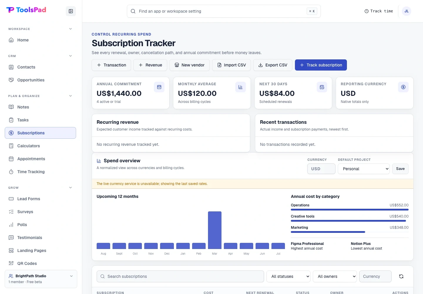 Subscription Tracker product interface showing recurring spend before it becomes a surprise