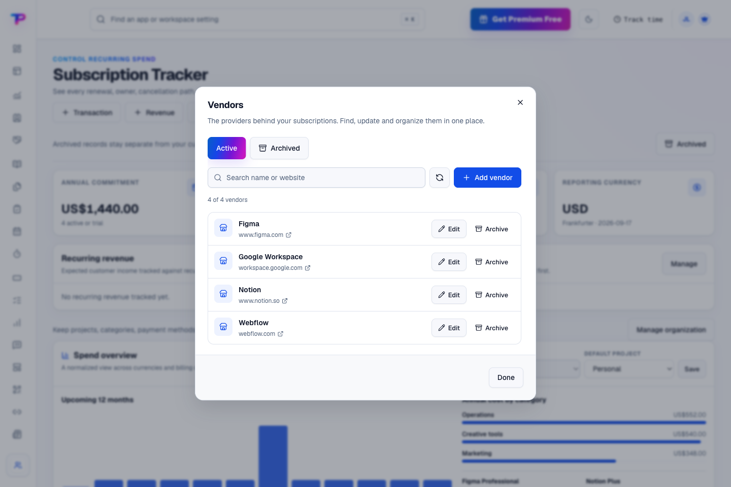 Subscription Tracker product interface showing keep the providers behind your spending organized