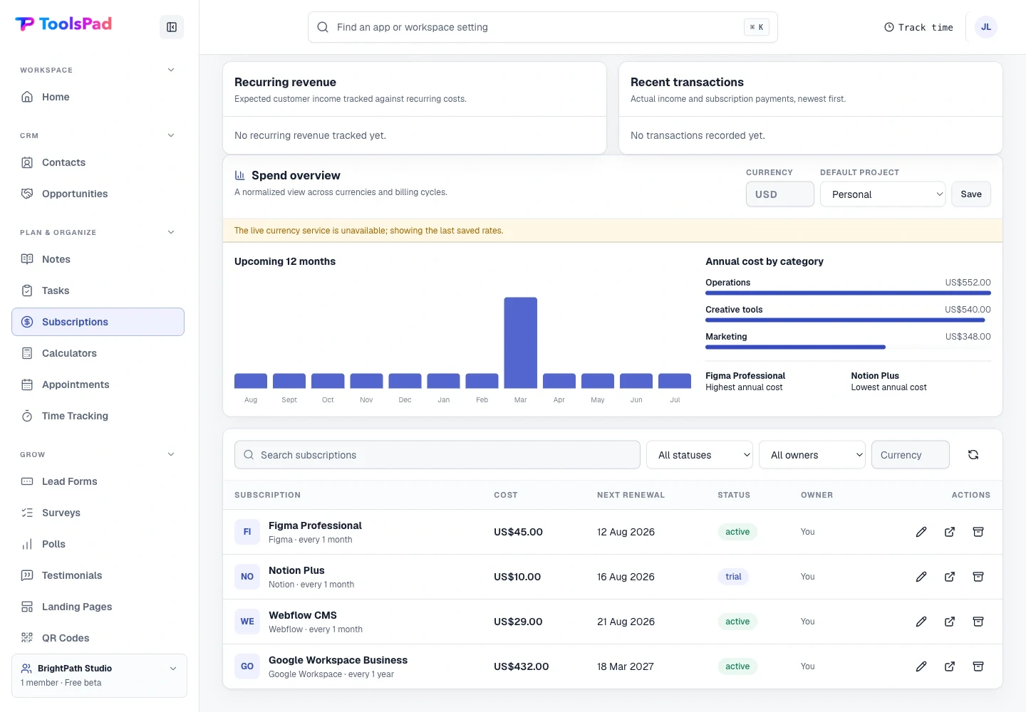 Subscription Tracker product interface showing every contract remains reviewable