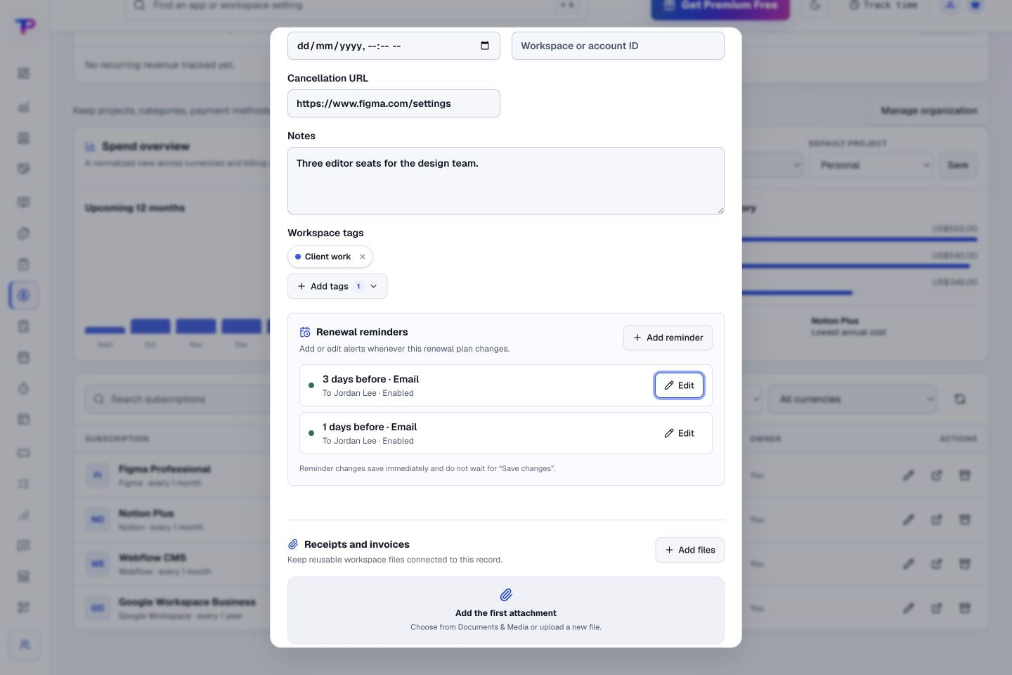 Subscription Tracker product interface showing give yourself time to review the next renewal