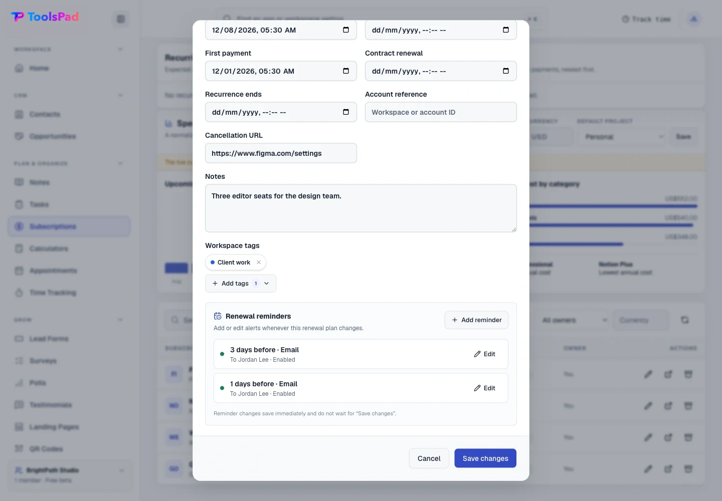 Subscription Tracker product interface showing reminders stay attached to the renewal