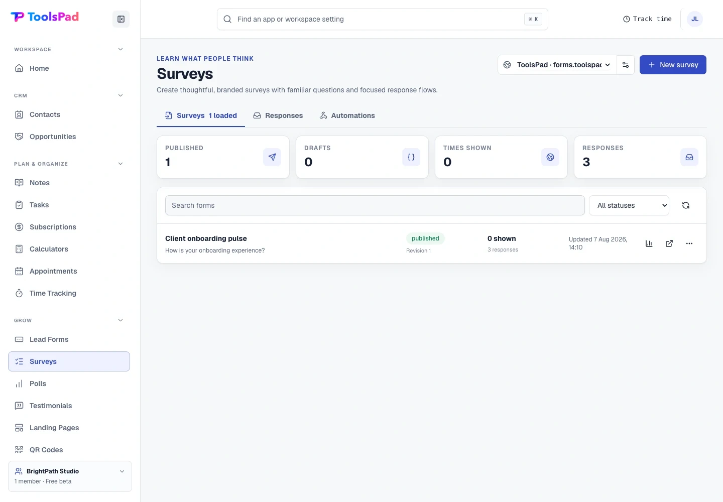 Surveys product interface showing focused feedback, clearly organized