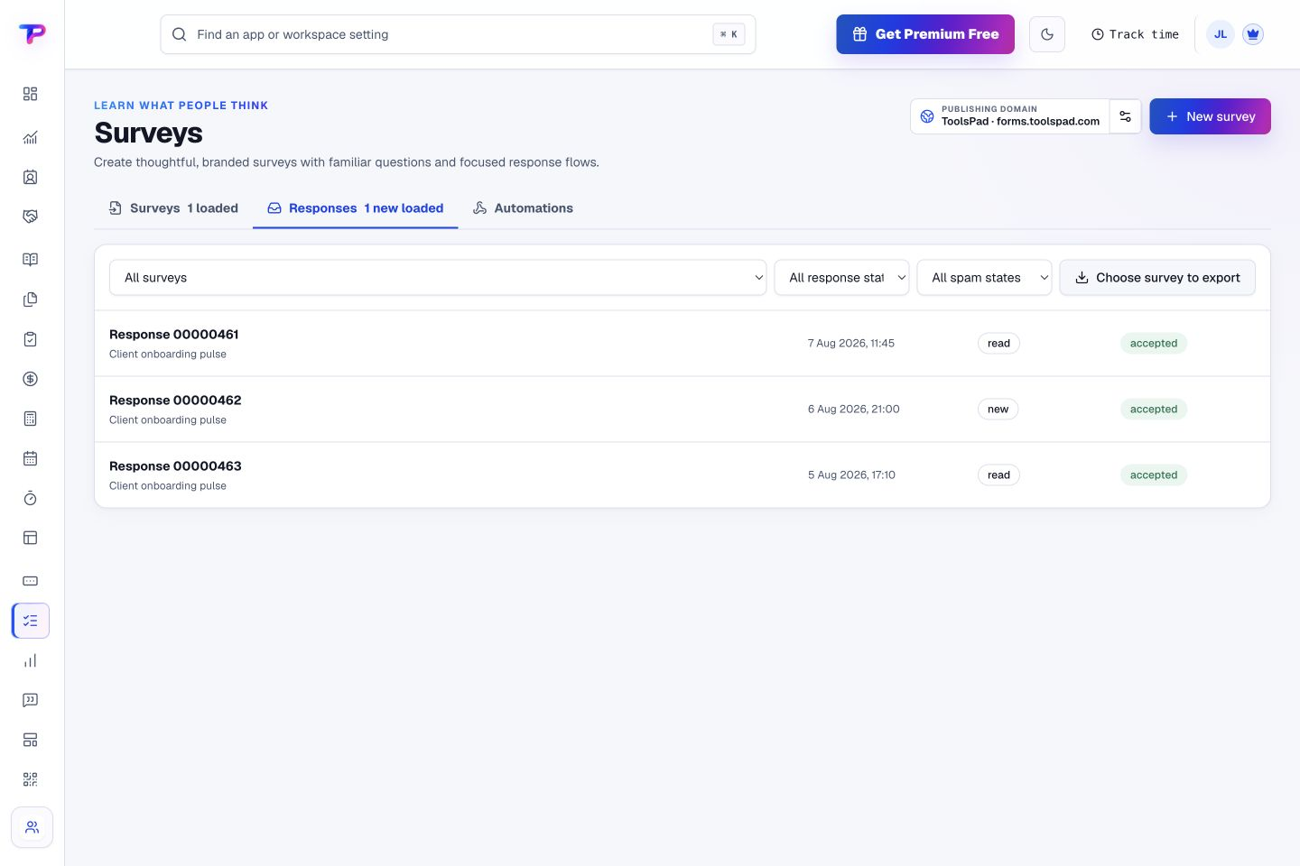 Surveys product interface showing turn incoming feedback into a useful review