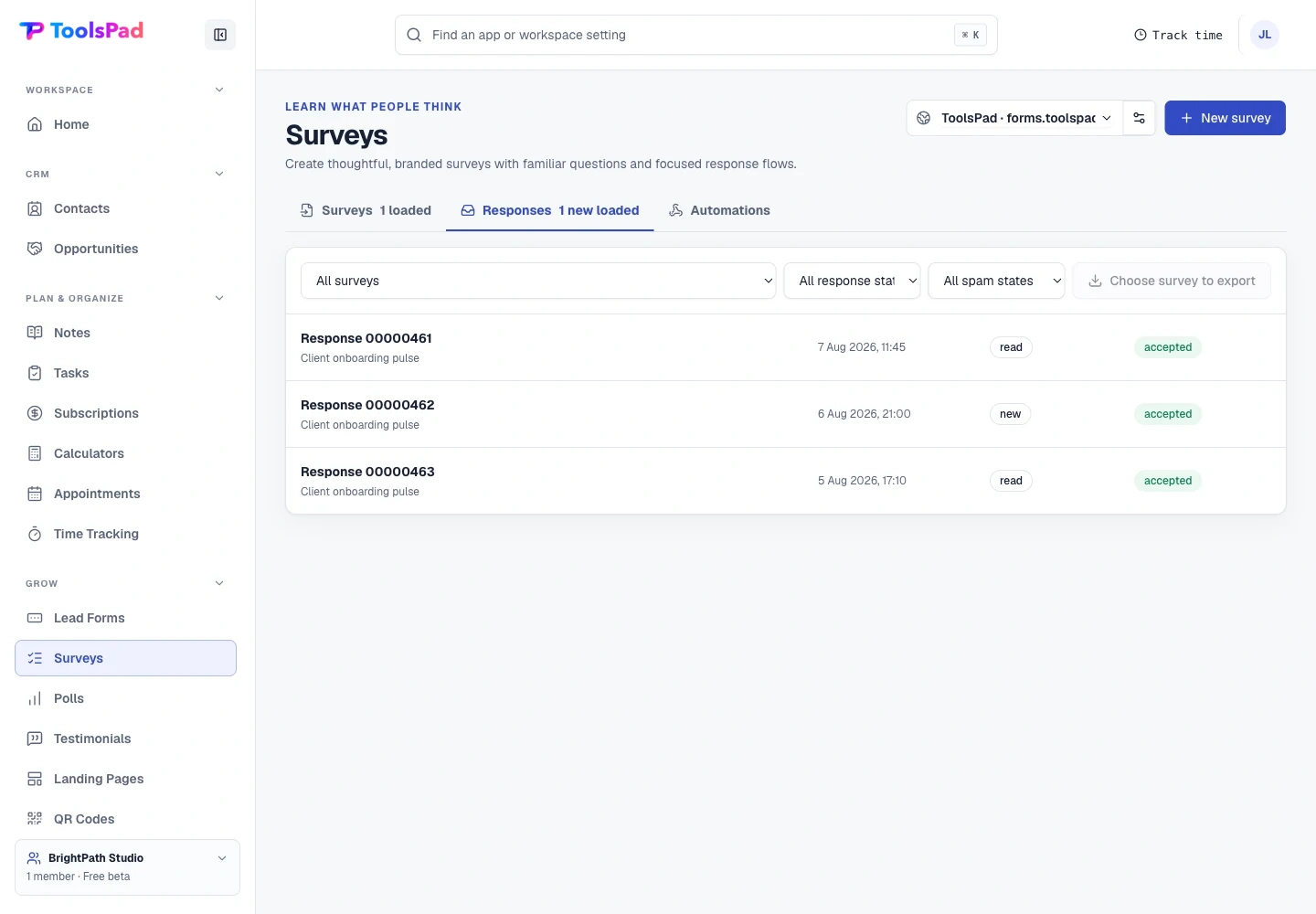 Surveys product interface showing every response remains reviewable
