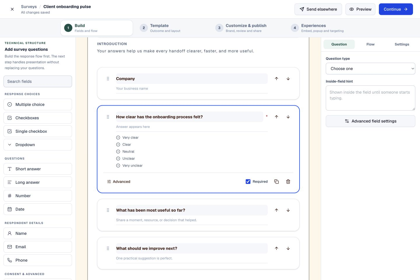 Surveys product interface showing ask clear questions that people can answer