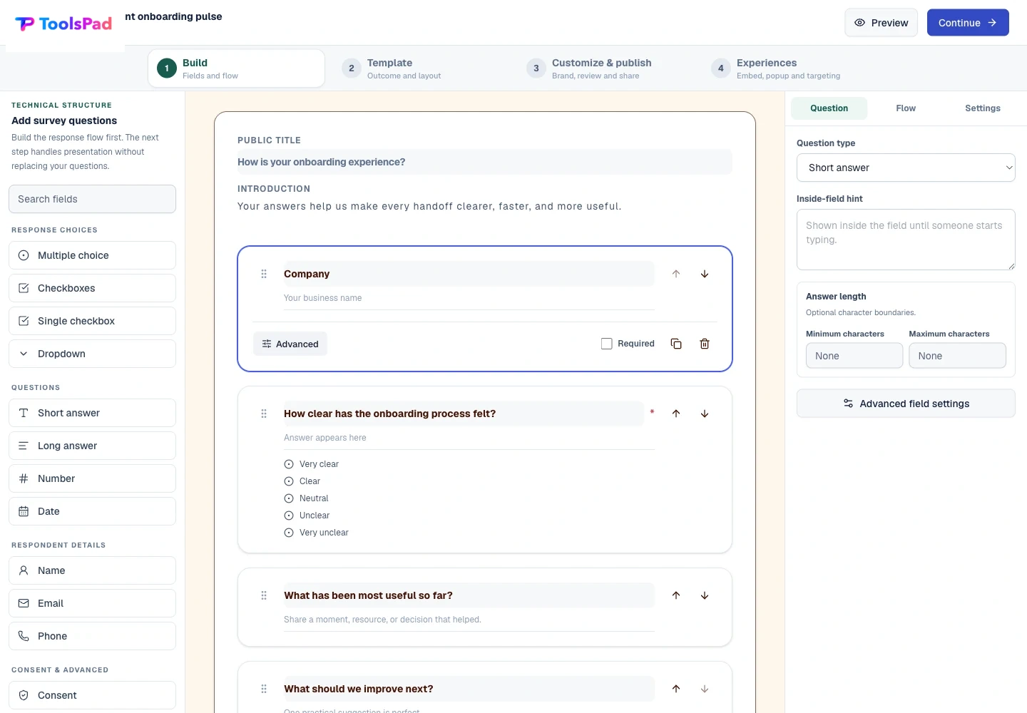 Surveys product interface showing build the response flow before styling it