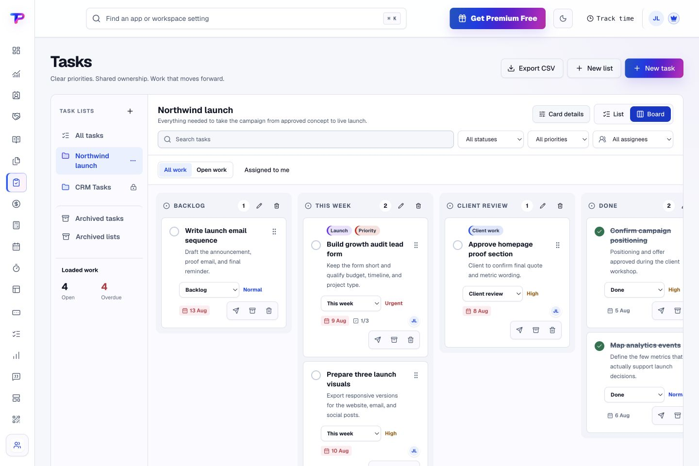 Tasks product interface showing know what is moving and what needs attention