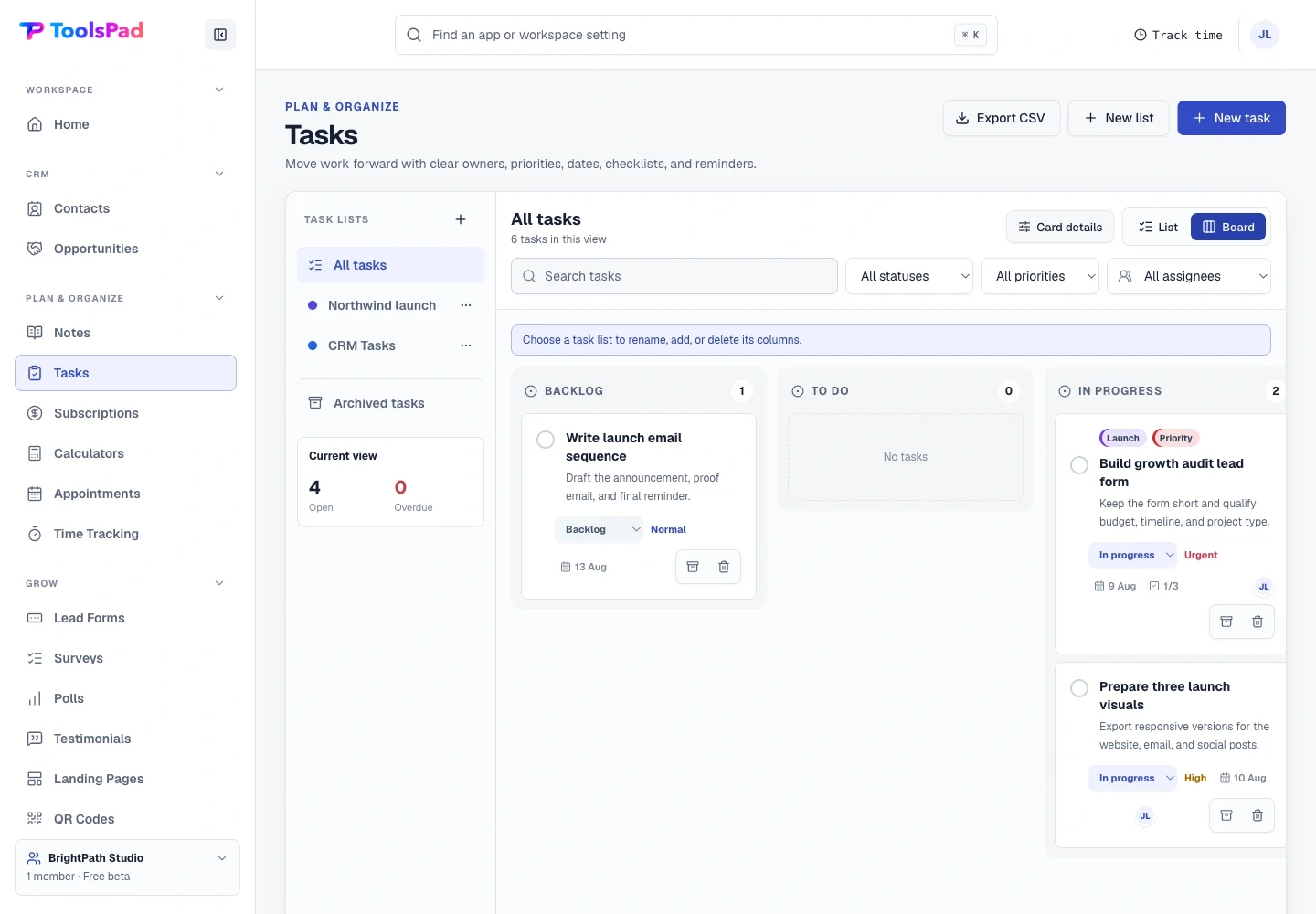 Tasks product interface showing a board built around ownership