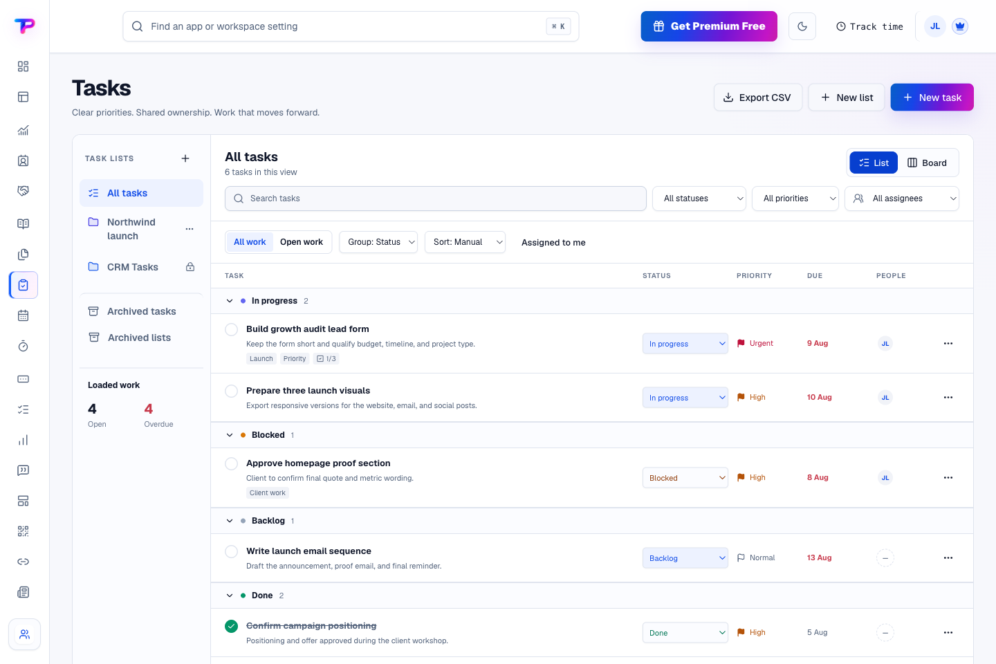 Tasks product interface showing find the work that needs your next decision